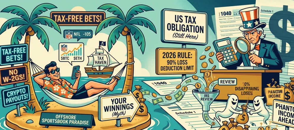 On the left, a bettor relaxes in a tropical 'paradise' of tax-free promises, while Uncle Sam looms on the right with a magnifying glass, enforcing the IRS rules and illustrating the tricky 'phantom income' from the 90% loss deduction limit.
