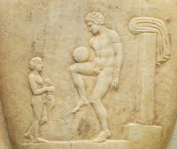 There are actual carvings made by Ancient Greeks that picture men doing pretty obvious soccer moves with a ball.