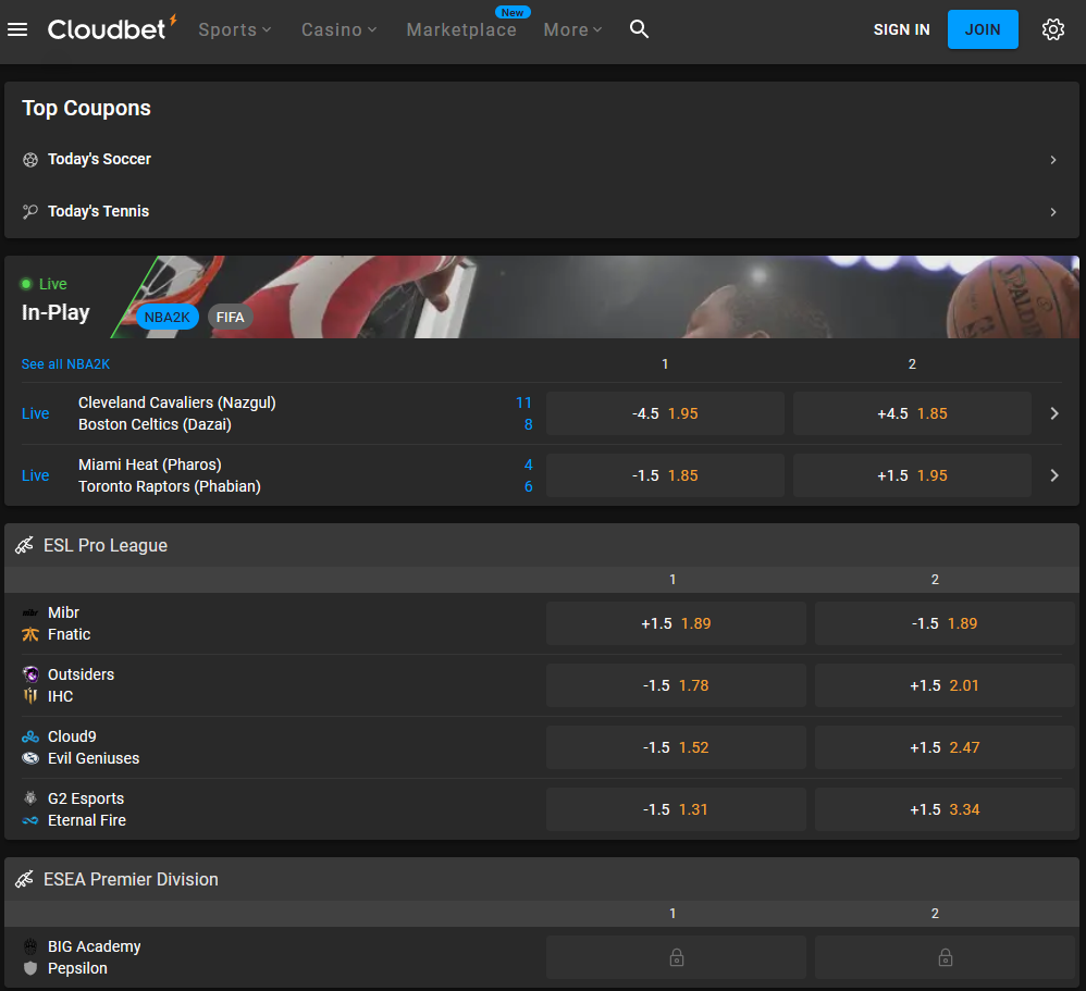 Cloudbet also offers betting on esports events, such as Dota 2, CS:GO, and League of Legends.